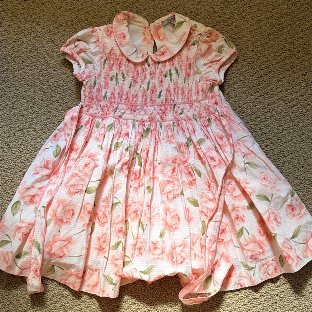 Girls' Pink Rose-Print Smocked Dress with Peter Pan Collar